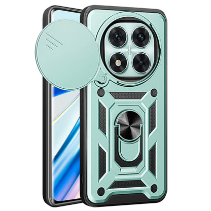 Light green sliding cover phone case with rugged armor pattern and raised camera bumper