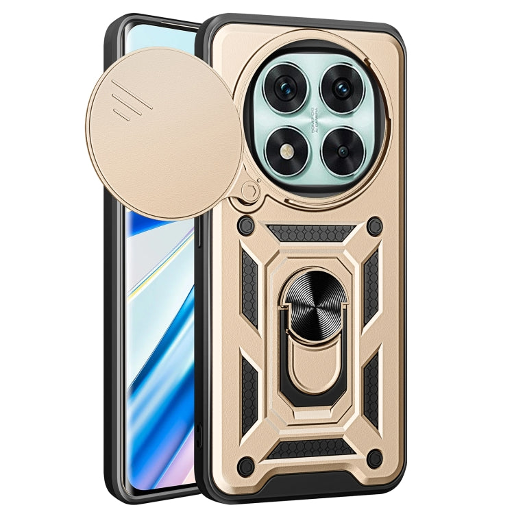 Gold sliding cover phone case with rugged armor pattern and raised camera bumper