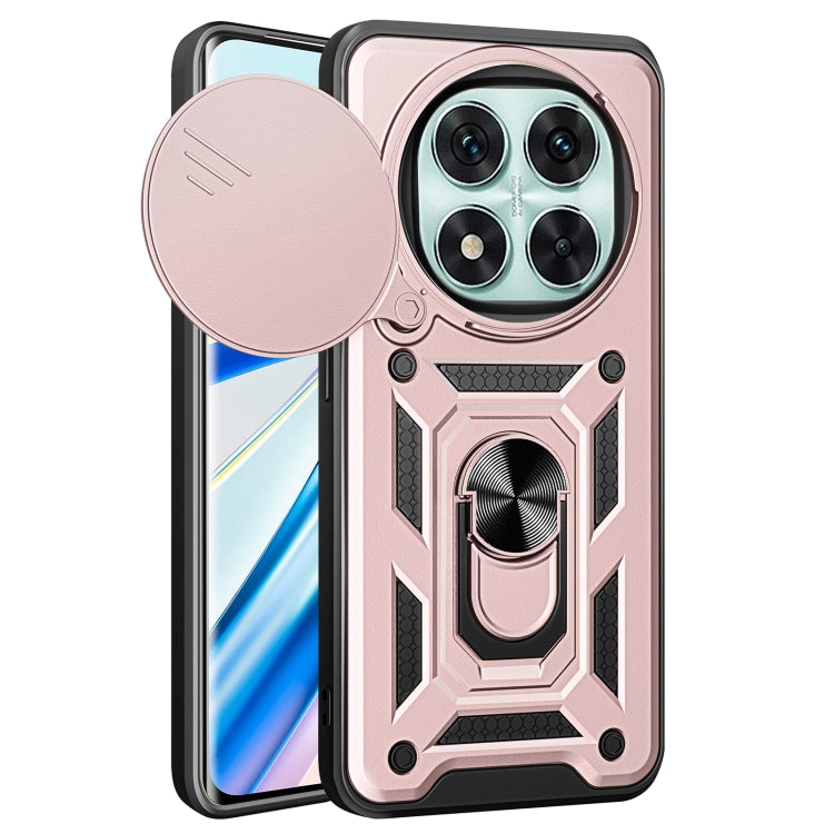 Rose pink sliding cover phone case with rugged armor pattern and raised camera bumper