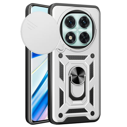 White sliding cover phone case with rugged armor pattern and raised camera bumper