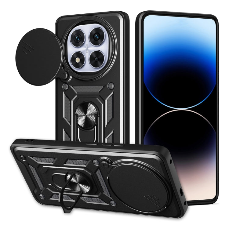 Black sliding cover TPU+PC phone case with camera cutout and kickstand ring