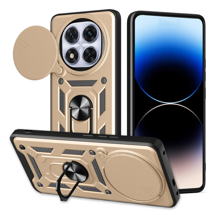 Tan/gold sliding cover TPU+PC phone case with camera cutout and kickstand ring