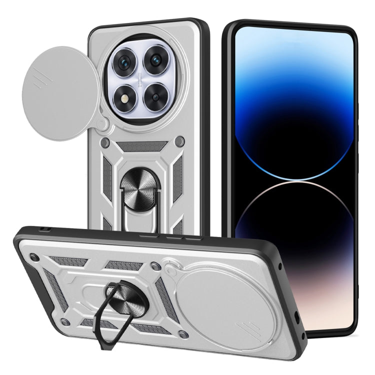 Gray sliding cover phone case with rugged armor pattern and raised camera bumper