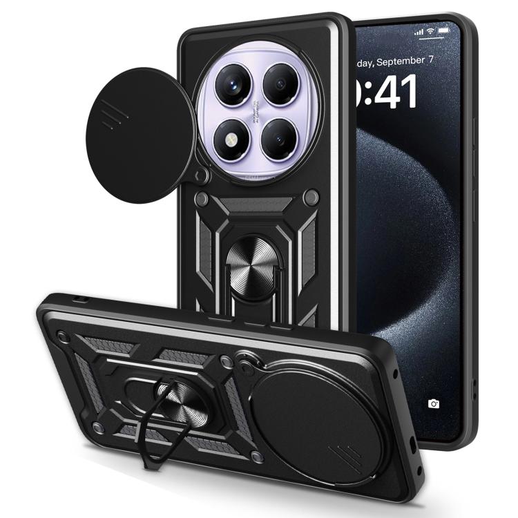 Black TPU+PC phone case with sliding camera cover and kickstand, protective armor design.