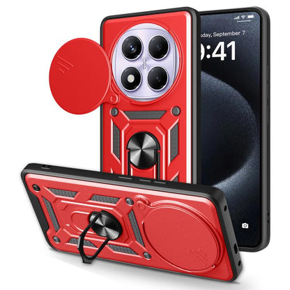 Red TPU+PC phone case with sliding camera cover and kickstand, rugged armor style.