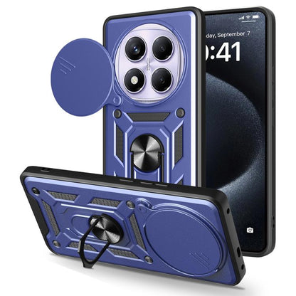 Blue TPU+PC phone case with sliding camera cover and kickstand, protective armor design.