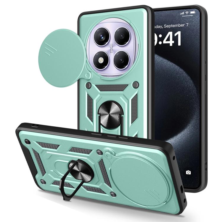 Green TPU+PC phone case with sliding camera cover and kickstand, rugged armor style.