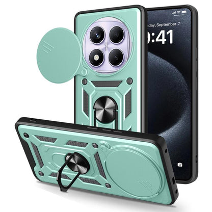 Green TPU+PC phone case with sliding camera cover and kickstand, rugged armor style.
