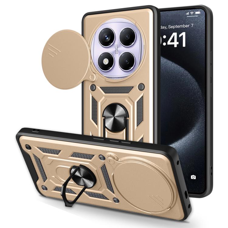 Gold TPU+PC phone case with sliding camera cover and kickstand, protective armor design.
