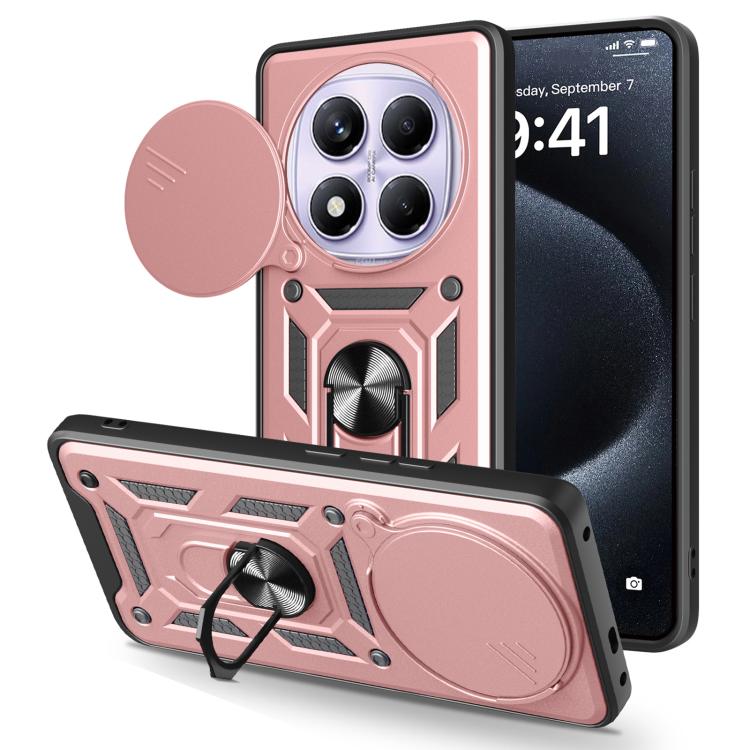 Rose pink TPU+PC phone case with sliding camera cover and kickstand, rugged armor style.