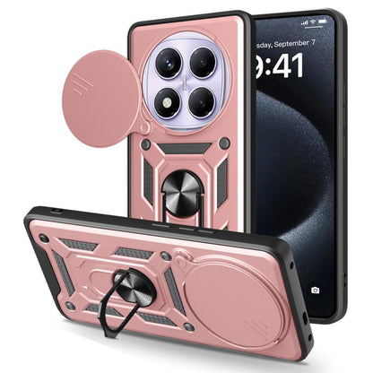 Rose pink TPU+PC phone case with sliding camera cover and kickstand, rugged armor style.