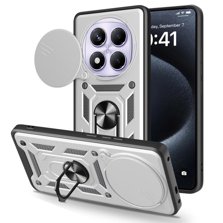 Silver TPU+PC phone case with sliding camera cover and kickstand, protective armor design.