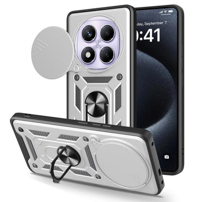Silver TPU+PC phone case with sliding camera cover and kickstand, protective armor design.