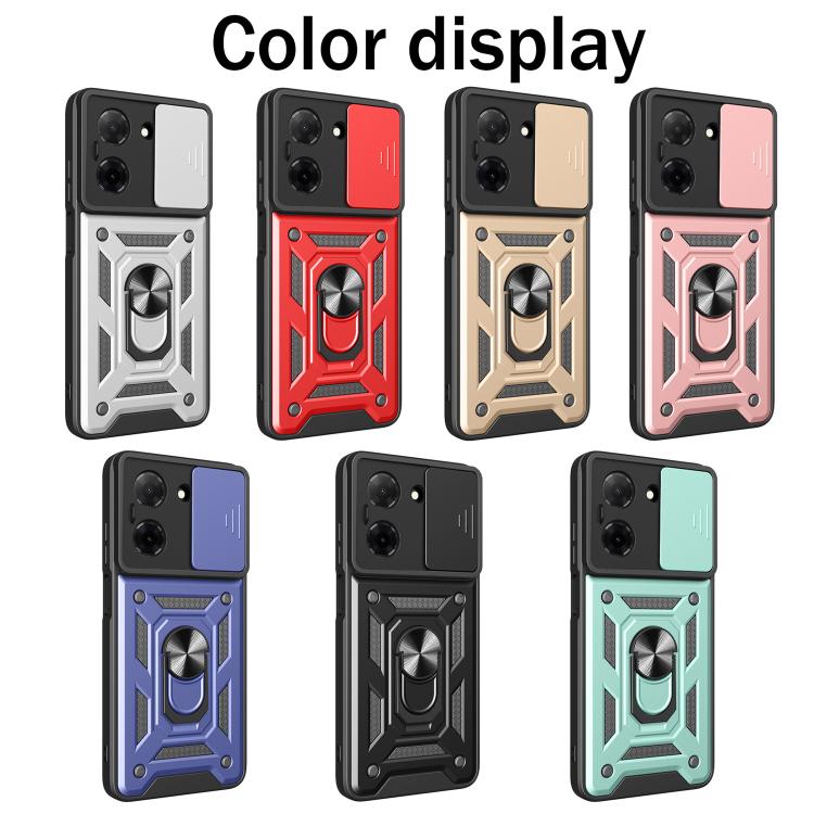 Rugged sliding camera cover phone case color options: black, red, beige, pink, blue, teal