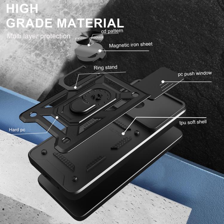 Rugged sliding camera cover phone case with ring stand and magnetic iron sheet protection