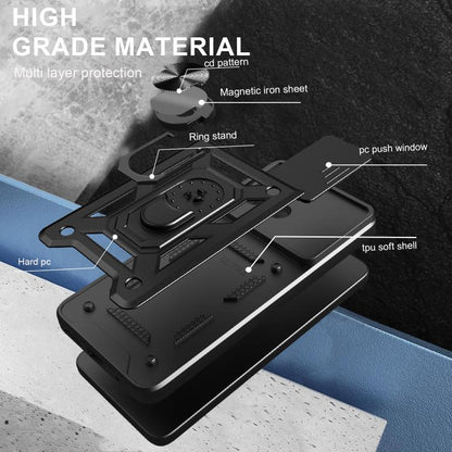 Rugged sliding camera cover phone case with ring stand and magnetic iron sheet protection