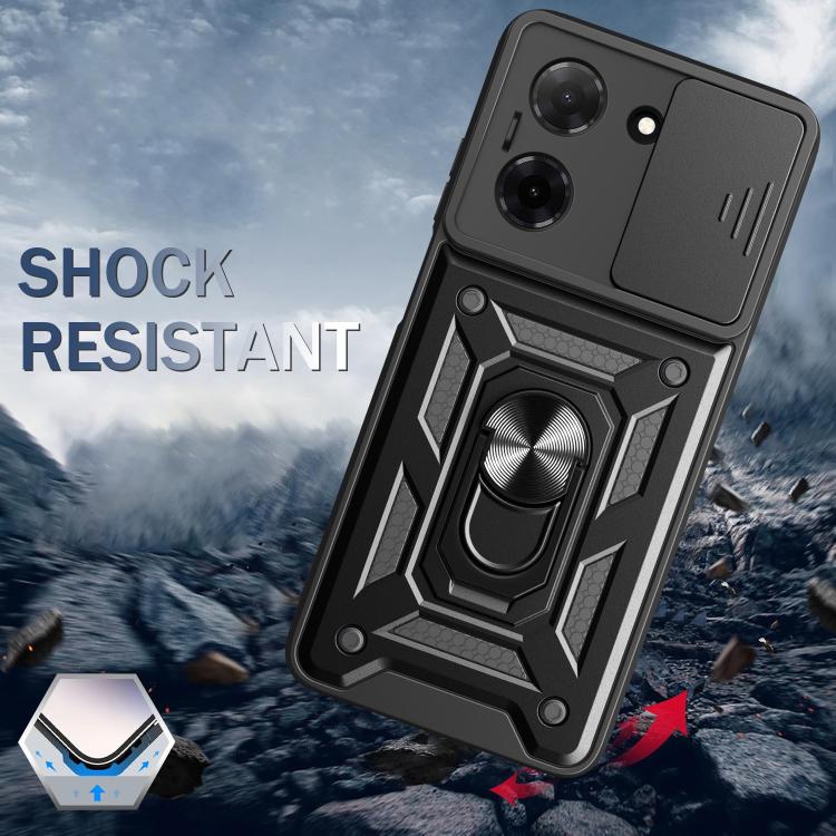 Rugged sliding camera cover phone case with kickstand, shock-resistant look, dark gray