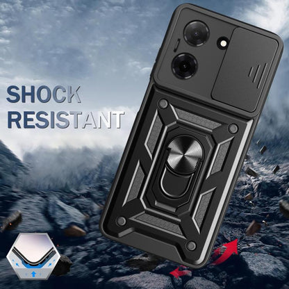 Rugged sliding camera cover phone case with kickstand, shock-resistant look, dark gray