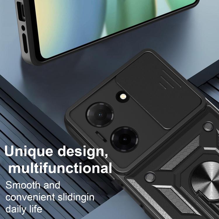 Sliding camera cover phone case with textured grips and ring stand, dark gray finish