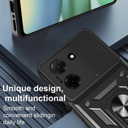 Sliding camera cover phone case with textured grips and ring stand, dark gray finish