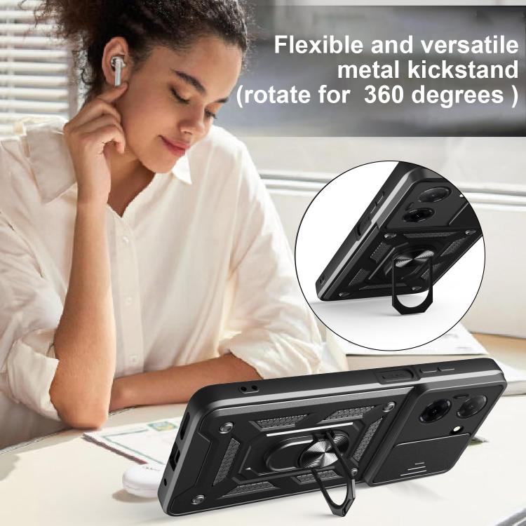 Rugged sliding camera cover phone case with metal kickstand, for daily use, dark gray