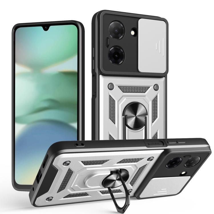 Sliding camera cover phone case in black and white with ring kickstand and camera cutouts