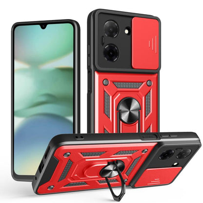 Red and black TPU+PC phone case with sliding camera cover, kickstand, and textured frame