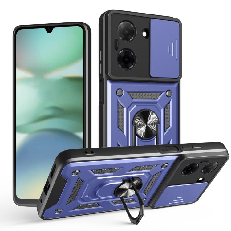 Blue and black TPU+PC phone case with sliding camera cover, kickstand, and rugged texture