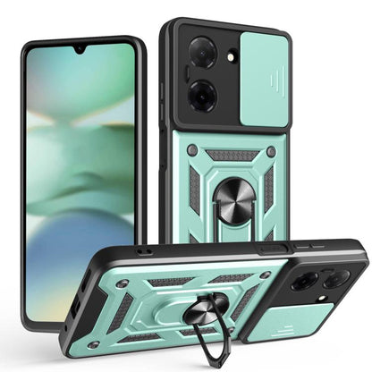 Mint and black TPU+PC phone case with sliding camera cover, kickstand, and textured edges