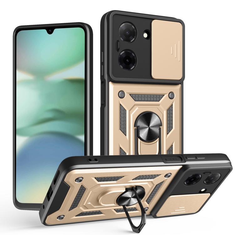 Beige and black TPU+PC phone case with sliding camera cover, kickstand, and textured design
