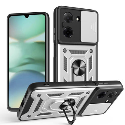 Gray and black TPU+PC phone case with sliding camera cover, kickstand, and textured accents