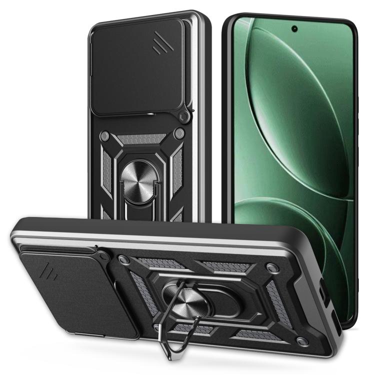 Sliding camera cover phone case in black with ring kickstand and rugged textured armor