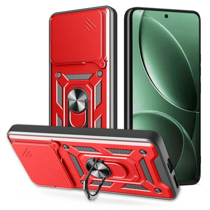 Sliding camera cover phone case in red and black with ring kickstand and raised edge rails