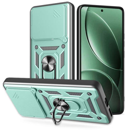 Sliding camera cover phone case in mint and black with ring kickstand and textured grips