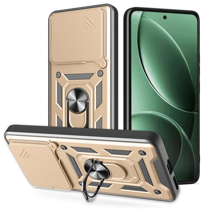 Sliding camera cover phone case in tan and black with ring stand and rugged corner protection