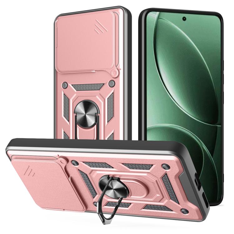 Sliding camera cover phone case in rose and black with ring kickstand and armored design