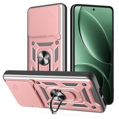 Sliding camera cover phone case in rose and black with ring kickstand and armored design