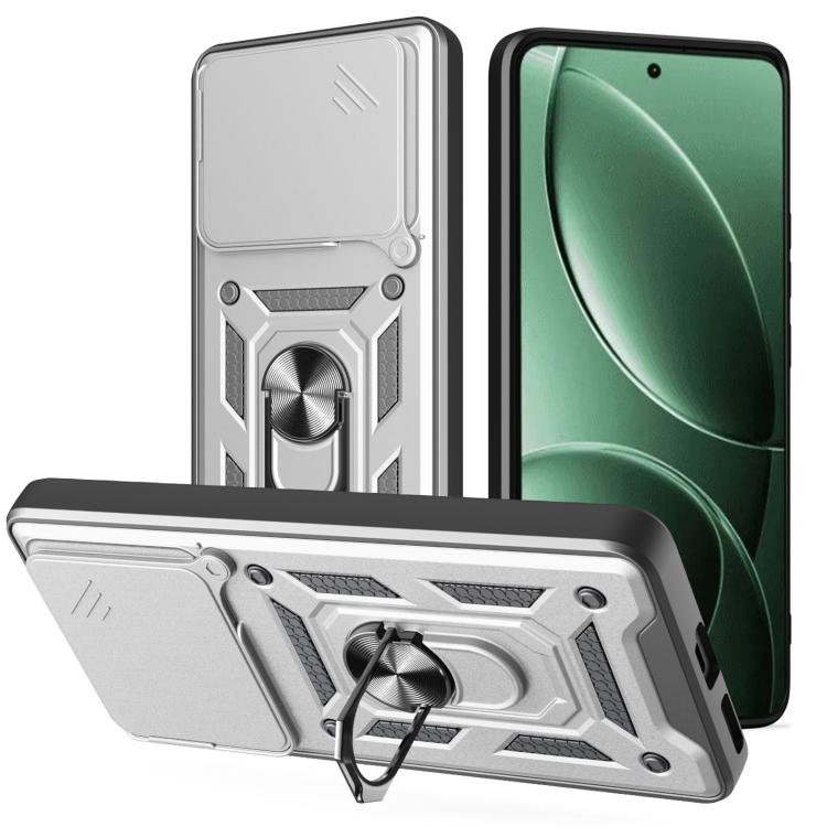 Sliding camera cover phone case in silver-gray and black with ring kickstand and textured panel