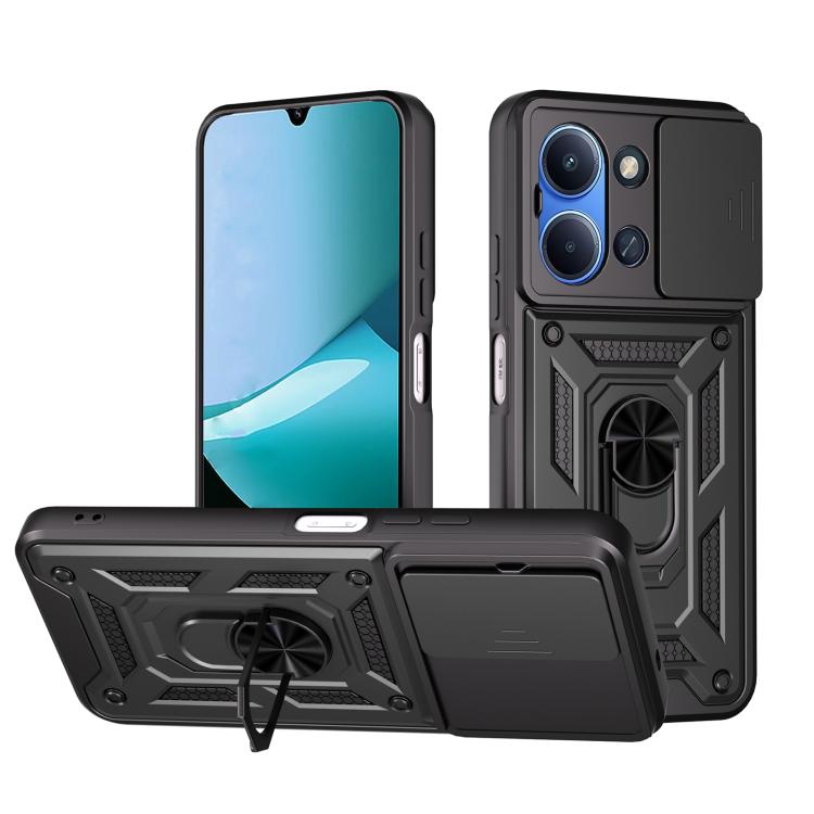 Rugged TPU+PC phone case with sliding camera cover, black with kickstand view