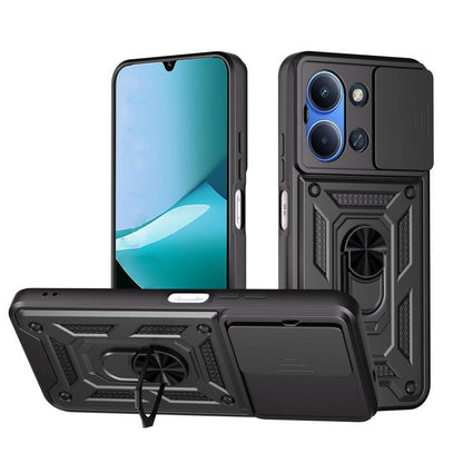 Rugged TPU+PC phone case with sliding camera cover, black with kickstand view