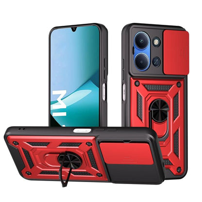 Rugged TPU+PC phone case with sliding camera cover, red with kickstand view