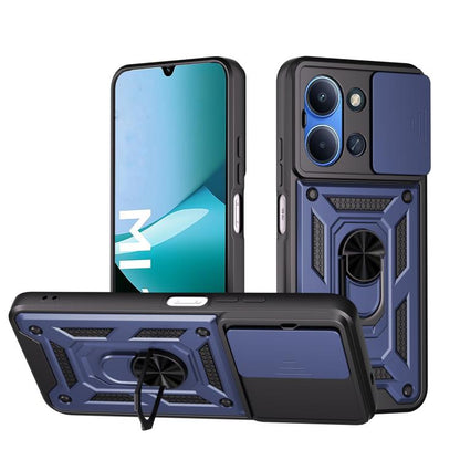 Rugged TPU+PC phone case with sliding camera cover, dark blue with kickstand view