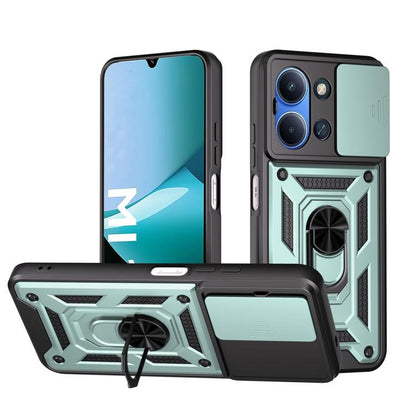 Rugged phone case with sliding camera cover, mint and black armor frame, raised edges