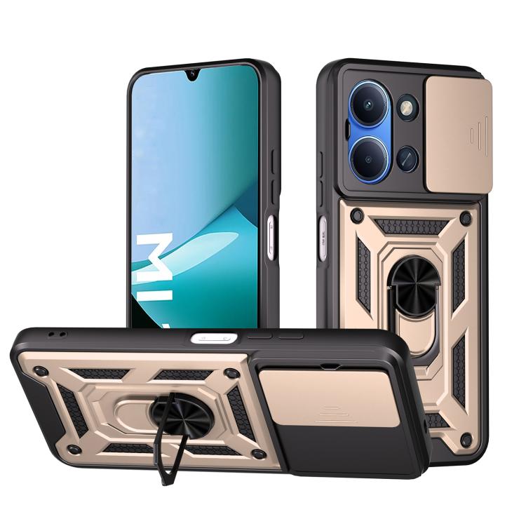 Rugged phone case with sliding camera cover, beige and black armor frame, protective corners