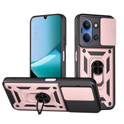Rugged phone case with sliding camera cover, pink and black armor frame, grippy side rails