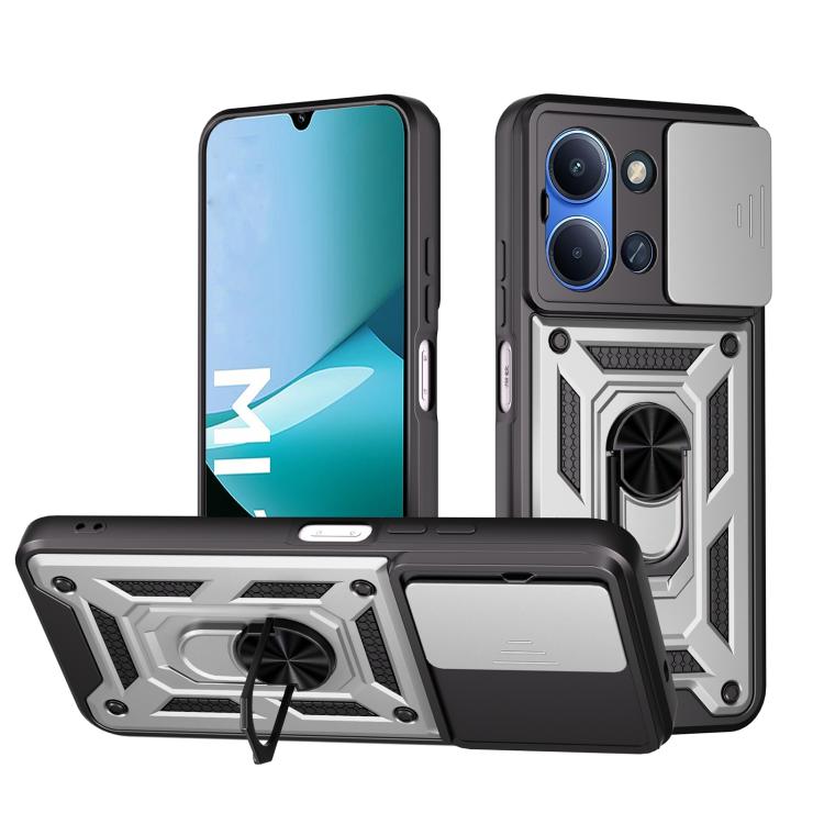 Rugged phone case with sliding camera cover, gray and black armor frame, camera cutouts