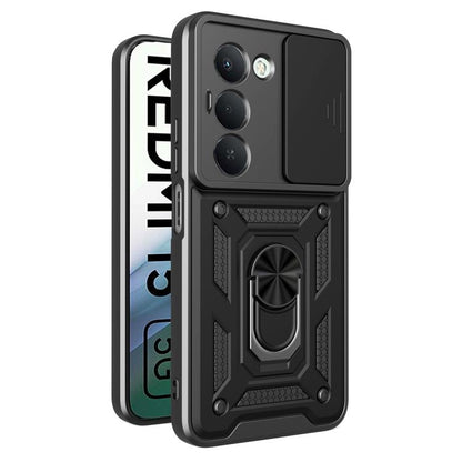 Rugged phone case with sliding camera cover, all-black armor design, raised camera protection