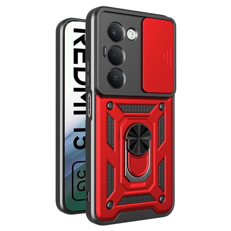 Rugged phone case with sliding camera cover, red and black armor frame, textured impact zones
