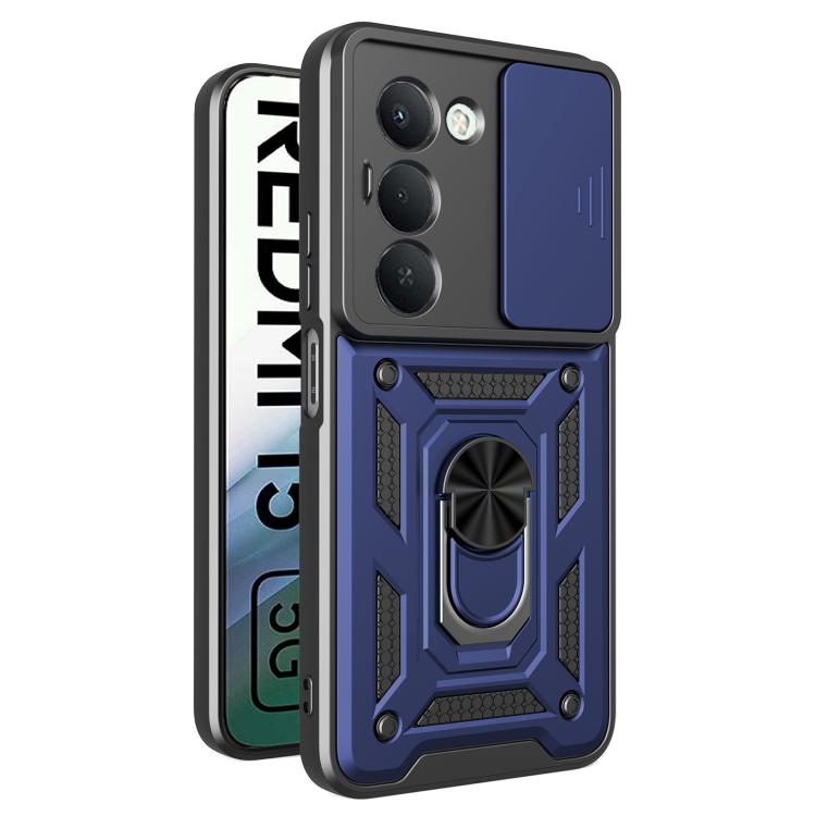 Rugged phone case with sliding camera cover, blue and black armor frame, reinforced corners