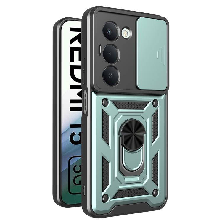 Rugged phone case with sliding camera cover, teal and black armor frame, raised camera bezel